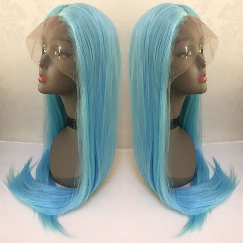 BM Sky Blue Long Straight 13*3 Synthetic Lace Front Wig Heat Resistant Fiber Hair Middle Parting Natural Hairline For Women Wigs
