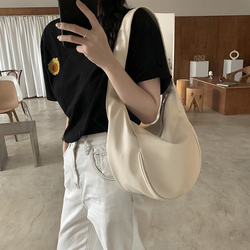 Bolso hobos de estilo coreano para mujer, bolsa de gran capacidad, con correa ancha, informal, de piel sintética suave, para hombro