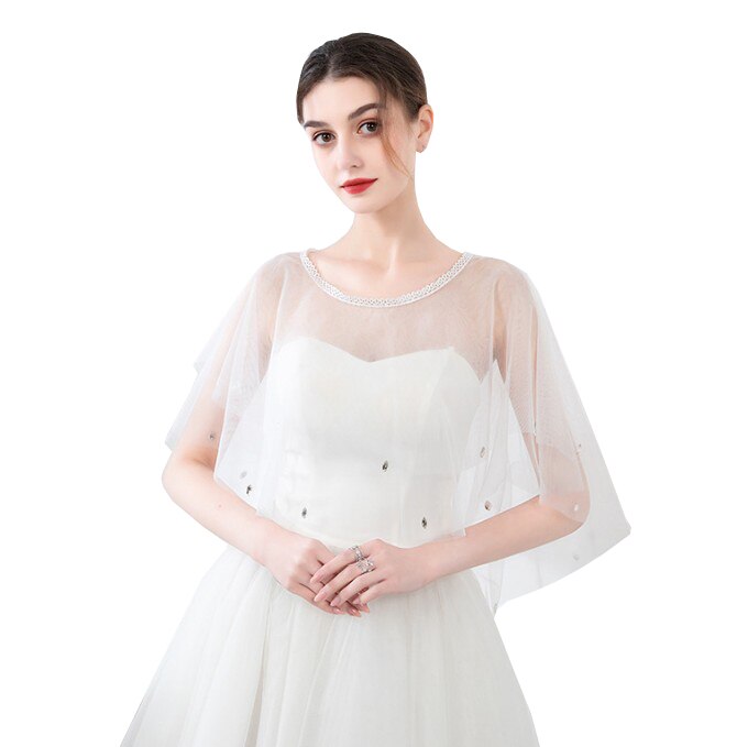 Zomer rode blauwe tule bruidsomslagdoeken sjaal dames avond cape bolero strass bruidsjurk bruiloft feest jassen omslagdoek: Ivoor