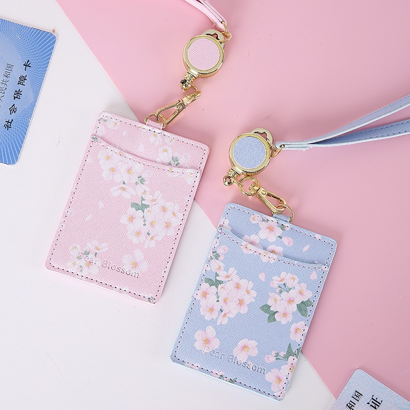 Blommor lädermärke hållare nyckelband id-kort märke namnmärke klipp rullar kontorstillbehör kawaii söt brytningsband