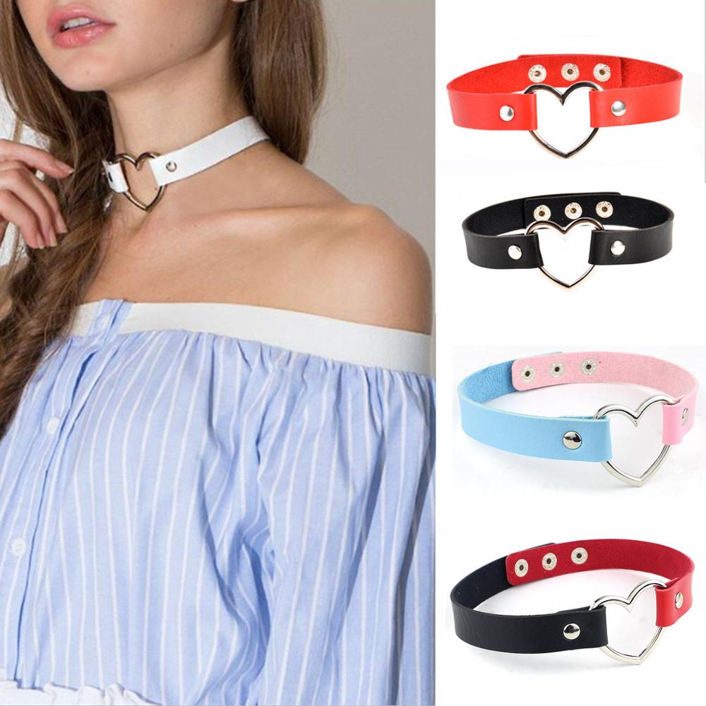 Zoeber colar feminino de couro, artesanal, pingente, fivela de coração, cinto, kawaii, lolita, colar de metal
