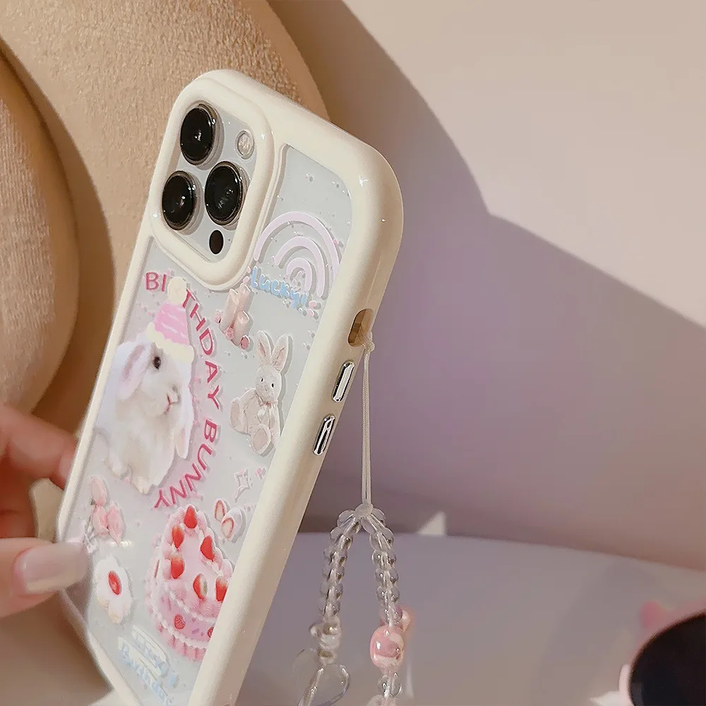 Leuke Hoed Konijn Taart Telefoon Case met Lanyard voor IPhone 16 15 14 12 13 11 Pro Pro Max Plus X XR Schokbestendige telefoon Cover