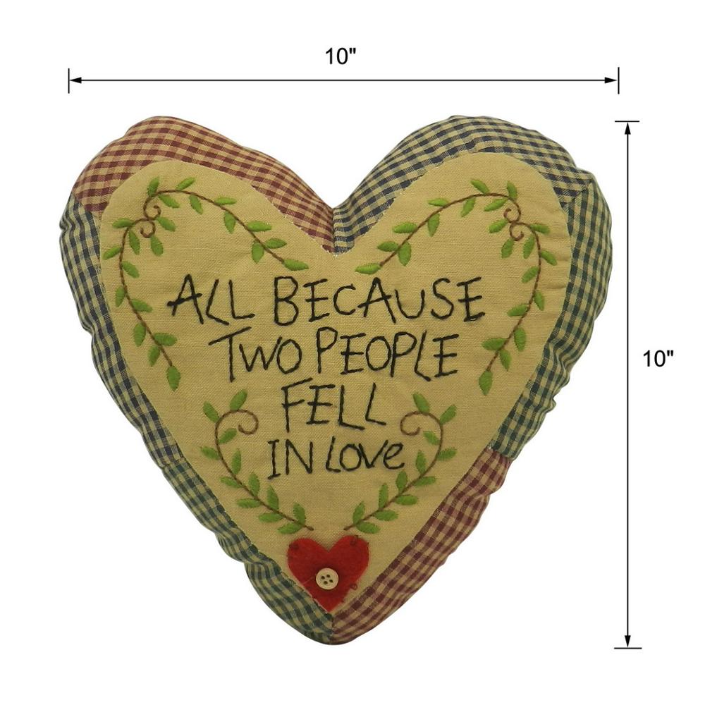 Primitivas almohada bordada con forma de corazón de caída en el amor con acento decorativo de hojas de ramita. 10x10 pulgadas