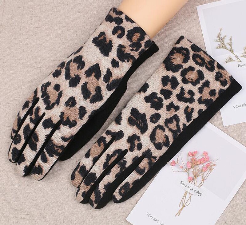 Kvinders vinter leopard handsker tynde kashmir varme fuldfinger touch screen handsker kvindelige uld varme  k11 #39: Khaki