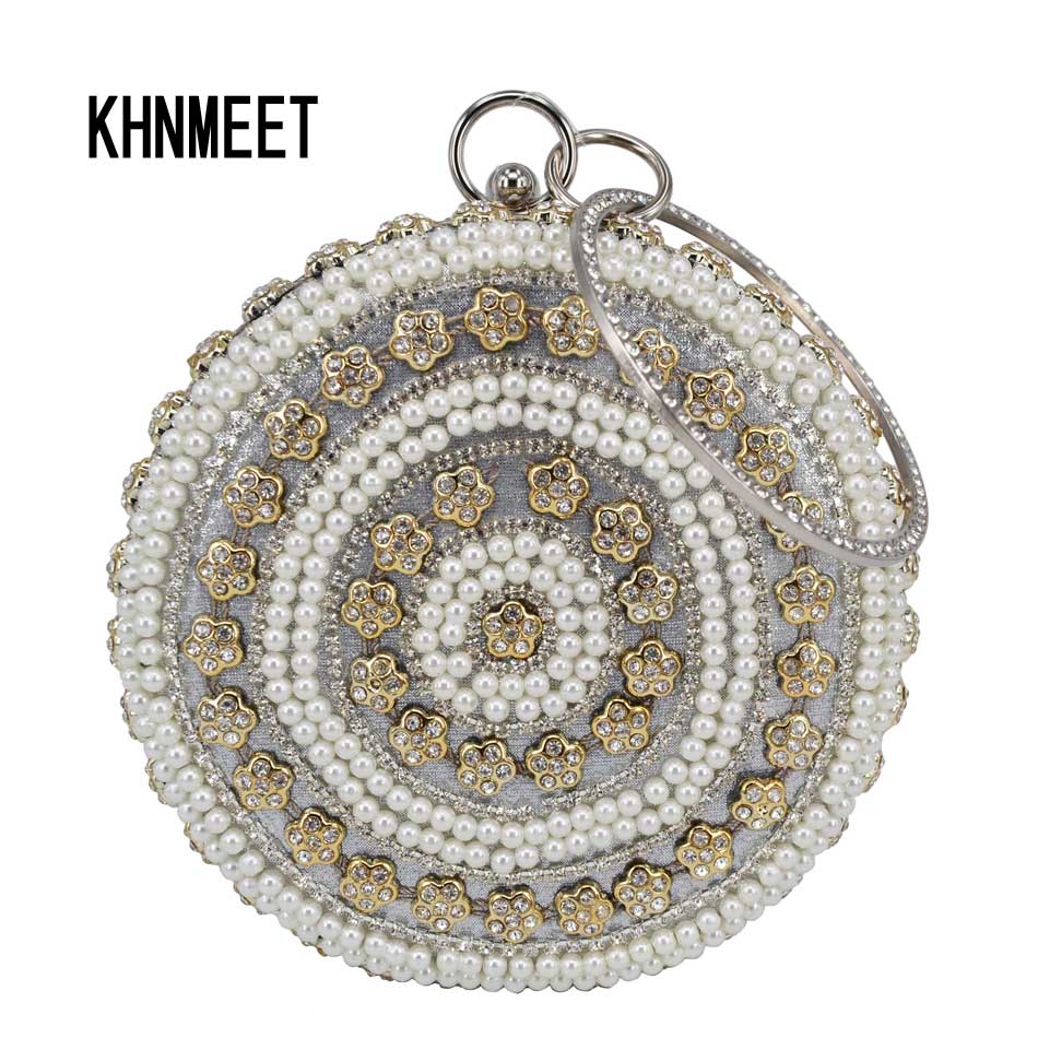 arrivé rond blanc fleur multicolore cristal femmes de mariage sac à main pochette femme bracelets dame sac de soirée: Kaki