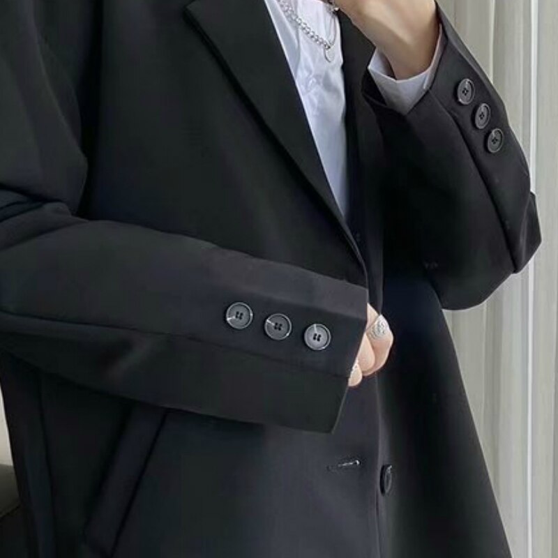 Chaquetas de los hombres primavera negro solo Breasted Oversize flojo Retro de de estilo coreano Ins estudiante Ulzzang-Encuentro de trajes de hombre Chic