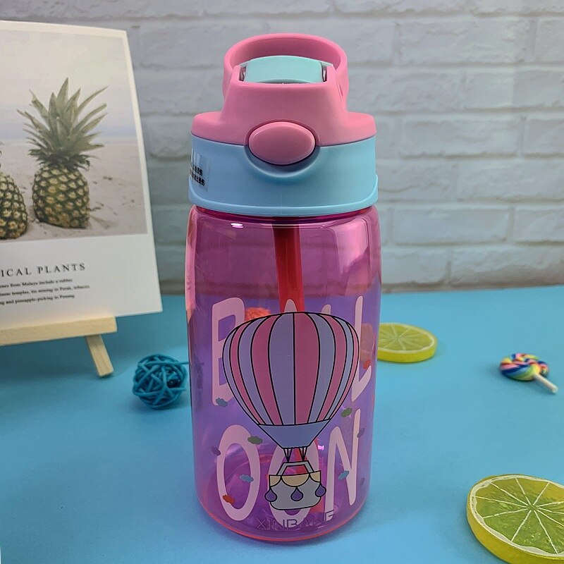 Vaso de agua para niños de 480ML, tazas de alimentación de bebé con dibujo , con pajitas, botellas de agua para exteriores, portátiles: Balloon