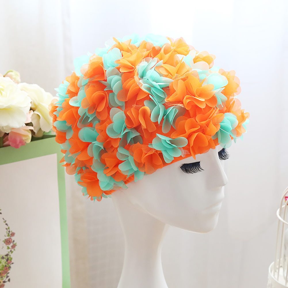 Gorro de natación de flores para mujer, cómodo gorro de piscina transpirable, pétalos tridimensionales elásticos, diadema de pelo largo con forro grande: Green and orange