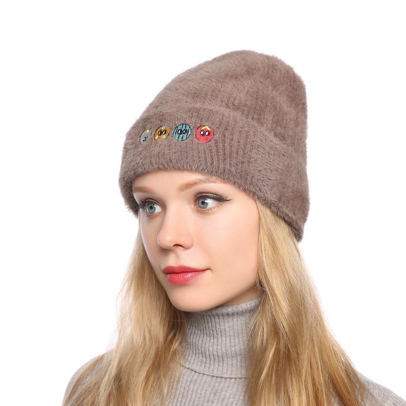 Zimowy nowy wełniany czapka walcowana krawędź spiczasta czapka robiona na drutach norek sierść królika zagęszczona ciepła wełna czapka