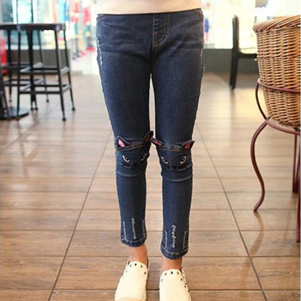 Børne jeans til piger tøj koreansk kat babybukser broderede jeans denim bukser stretchy stof børnebukser 3-8 år