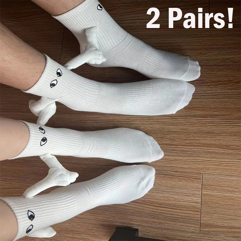 Calcetines magnéticos con manos mujeres hombres negro blanco divertido lindo ojos de dibujos animados pareja calcetines de tubo medio para