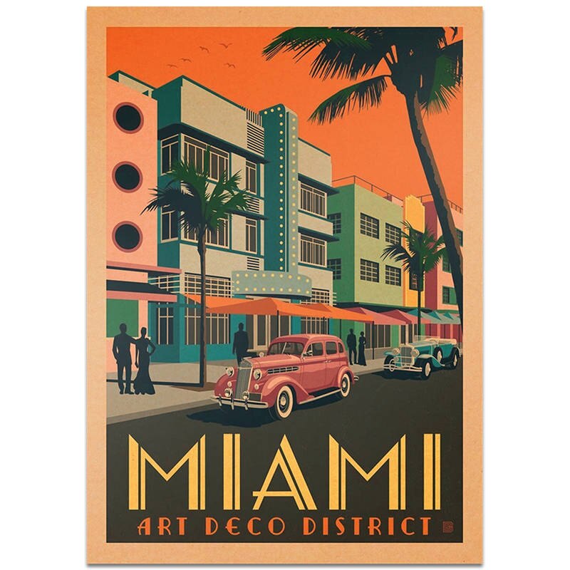 Miami city rejse plakat håndmalet turistattraktioner vintage kraftpapir pub cafe soveværelse hjem indretning væg klistermærke 42 x 30cm: Tcity 199