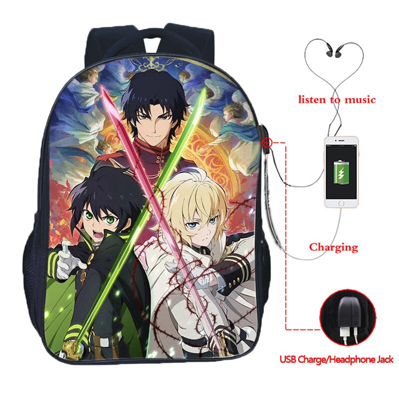 Top Seraph of the End USB Charge School Rucksack Boys Girls School Bag USB Charging Laptop Backpack: 4