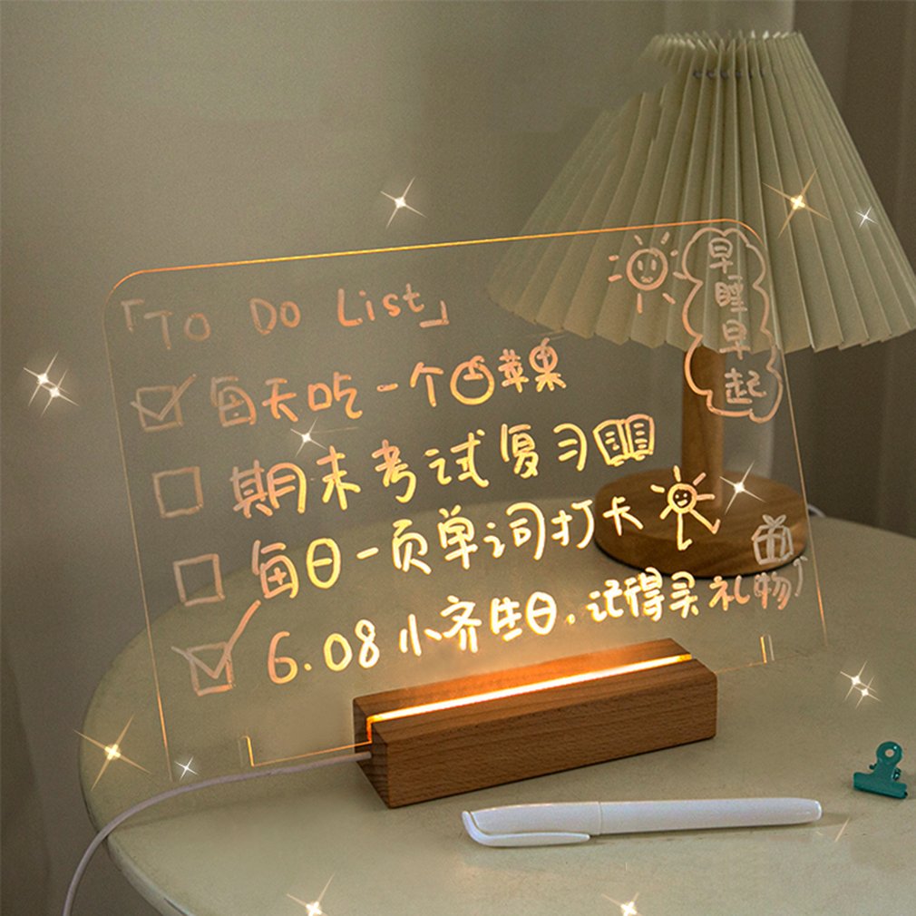 Clear Writing Board Acrylic Message Board With Triangle Base Luminous Base Erasable White Pen Decoration