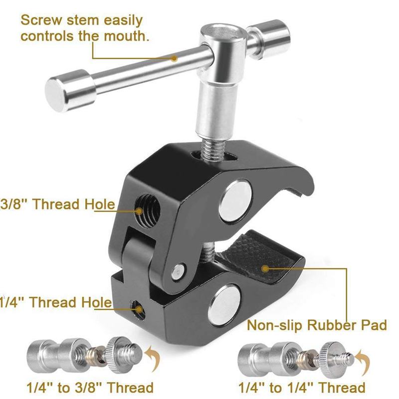 Super Clamp Crab Aluminium Tangen Clip Met 1/4inch-20 En 3/8inch-16 Statief Schroef Adapter Compatibel Voor ic Arm/Led Vid
