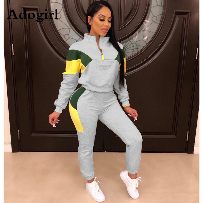 Winter Frauen Sport 2 Stück Trainingsanzug Farbe Patchwork Volle Hülse Drehen-unten Kragen Sweatshirt Hosen Casual Sweatsuit Outfits