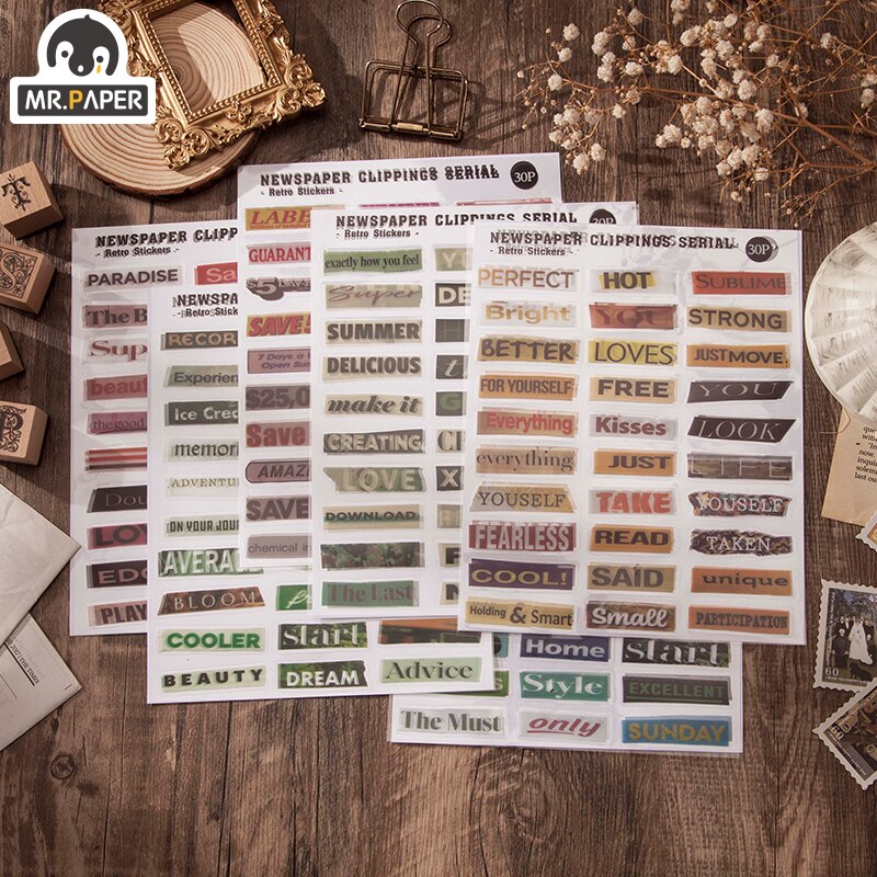 Mr. Paper 8 Designs Ins Wind Newspaper Clipping Serial Series Two-Material Stickers DIY Decorative Collage Material Stickers