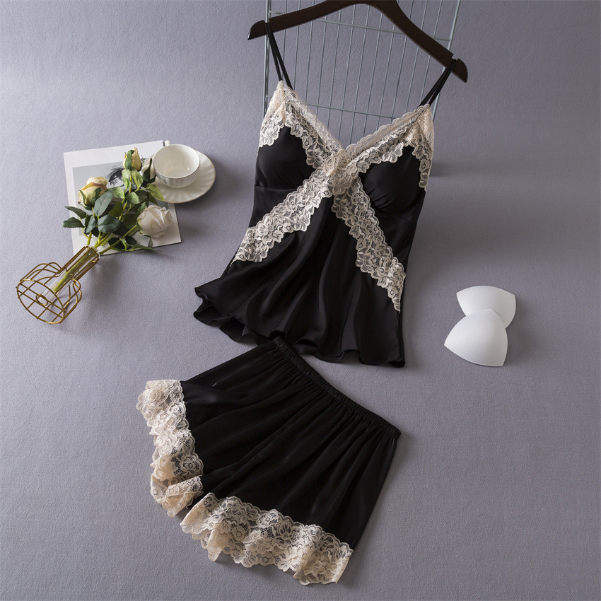 Daeyard Sexy Lace Lingerie Set for Women Silk Pajama Set Cami and Shorts 2 Pieces Pjs Nightwear Satin Sleepwear Home Clothing: M / Beige