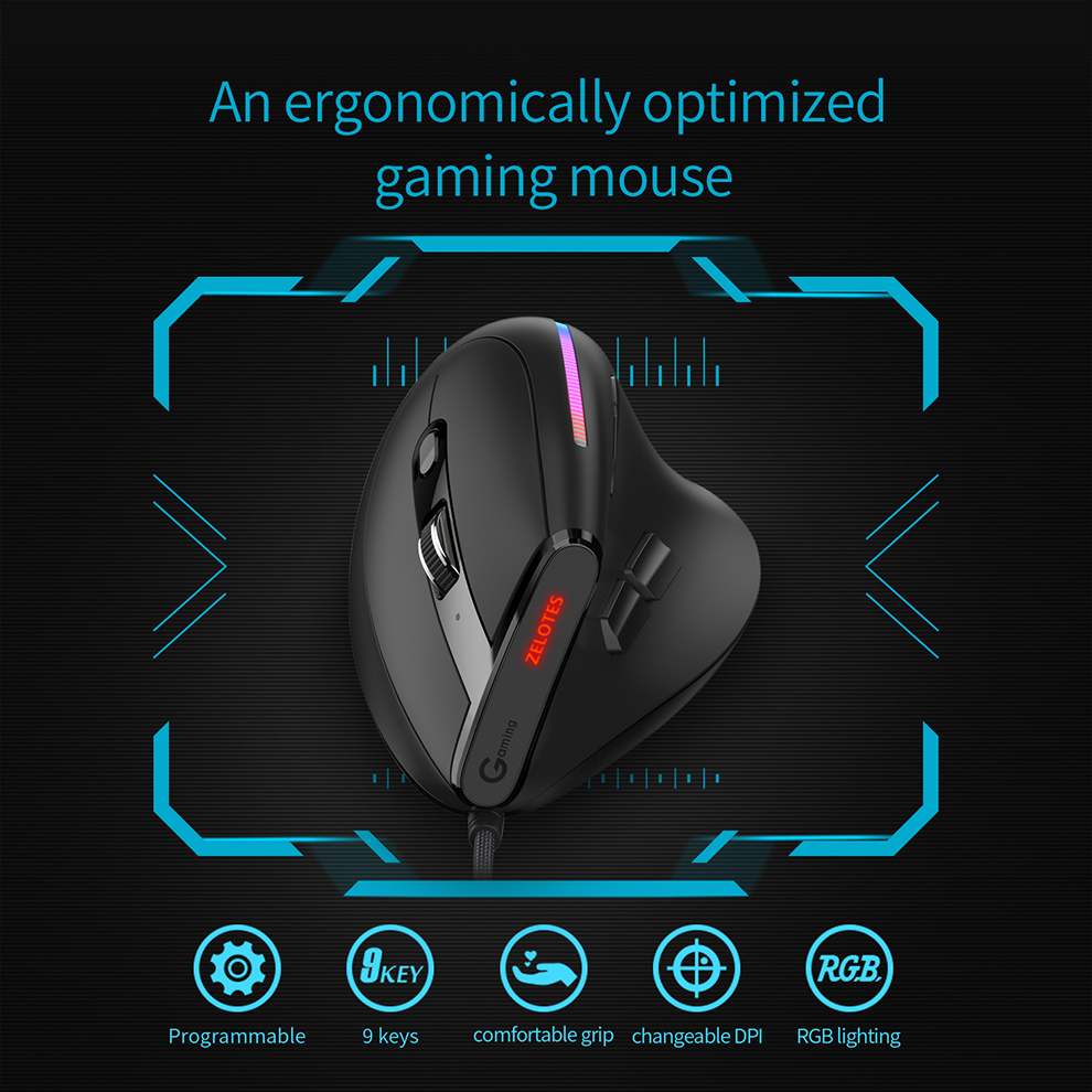 Ergonomic Wired Vertical Optical Mouse for PC/Laptop/Desktkop,12800DPI Adjustable Wired Game Mouse with Programmable,RGB Backlit