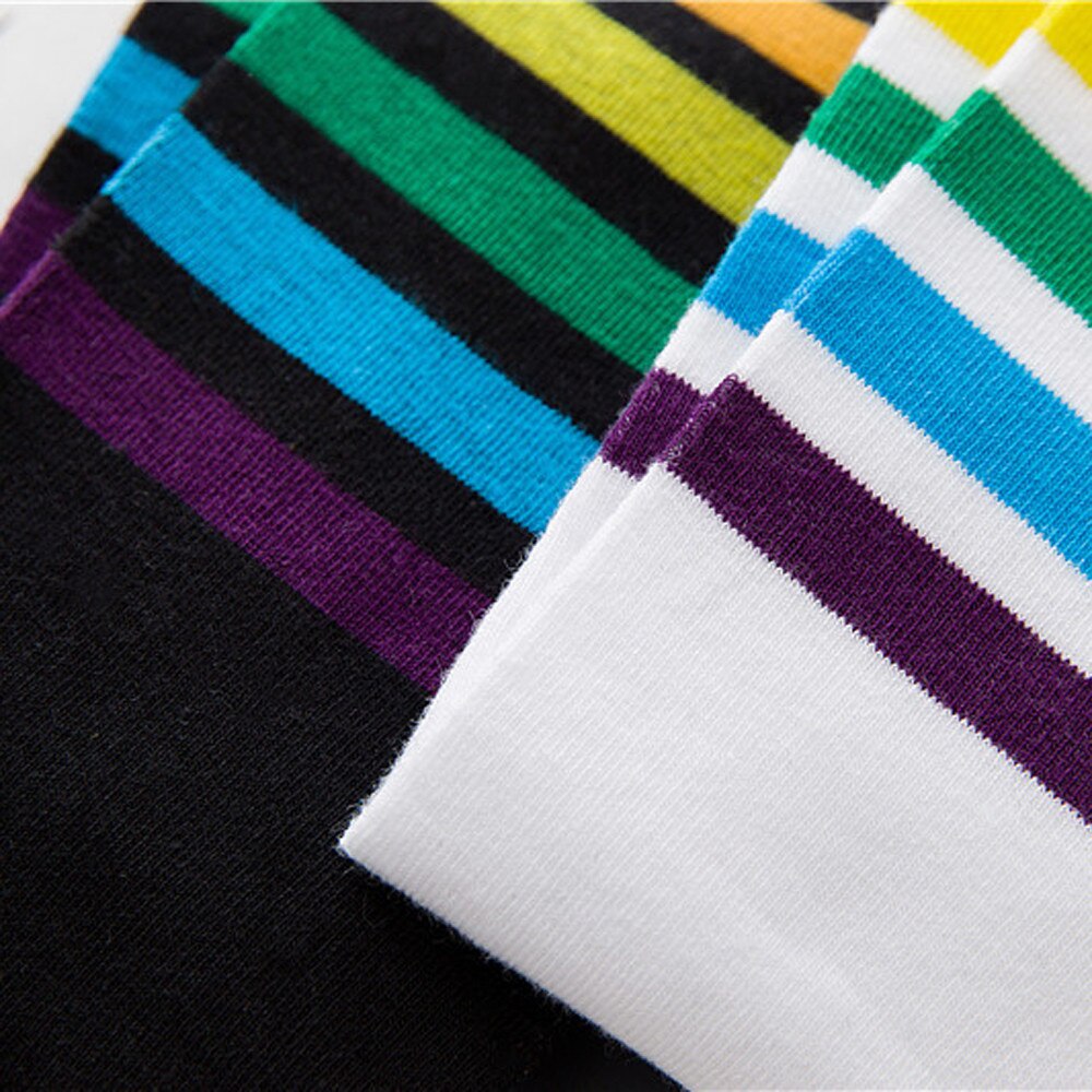 Knee High Socks Novelty 1pair Thigh High Socks Over Knee Rainbow Stripe Girls Football Socks Black White Высокие Носки