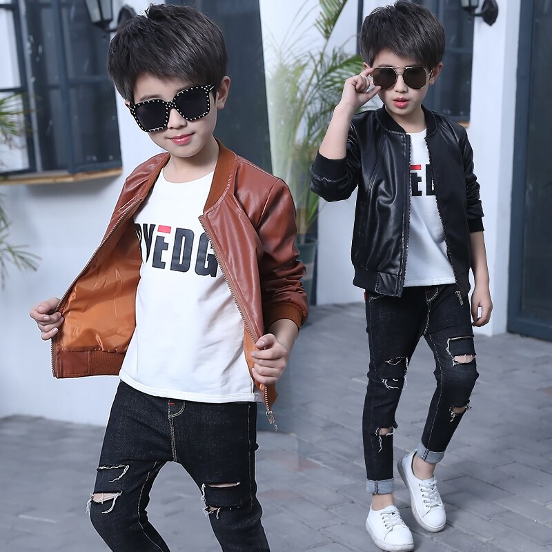 Lente Kinderen Echt Leren Jas Jongens Herfst Leren Jas Meisjes Voorjaar Pu Jas Kinderen Solid Casual Bovenkleding 3 t- 14 t