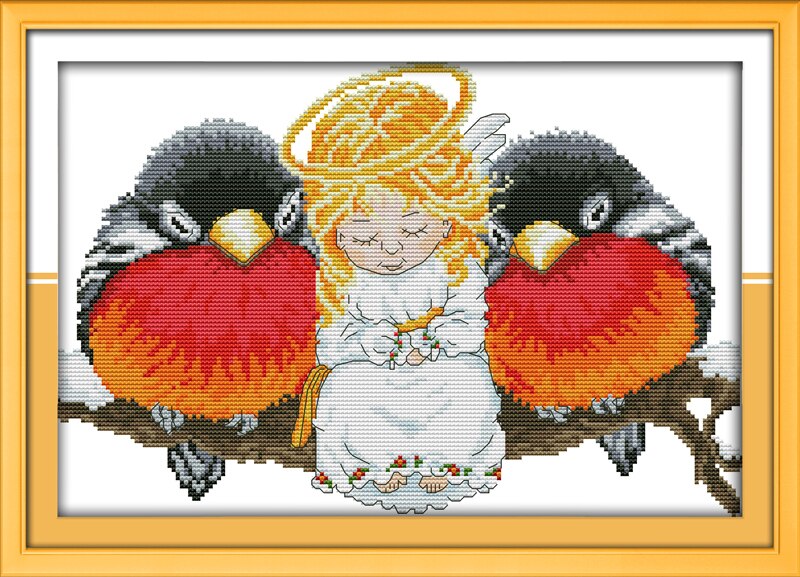 Kit de punto de cruz de Ángel y pájaro, bordado de dibujos animados, 14ct, 18ct, lienzo, costura artesanal, hecho a mano