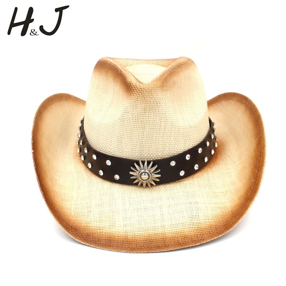 Women Men Straw Western Cowboy Hat With Punk Leather Band For Lady Dad Sombrero Hombre Cowgirl Jazz Caps Size 58CM