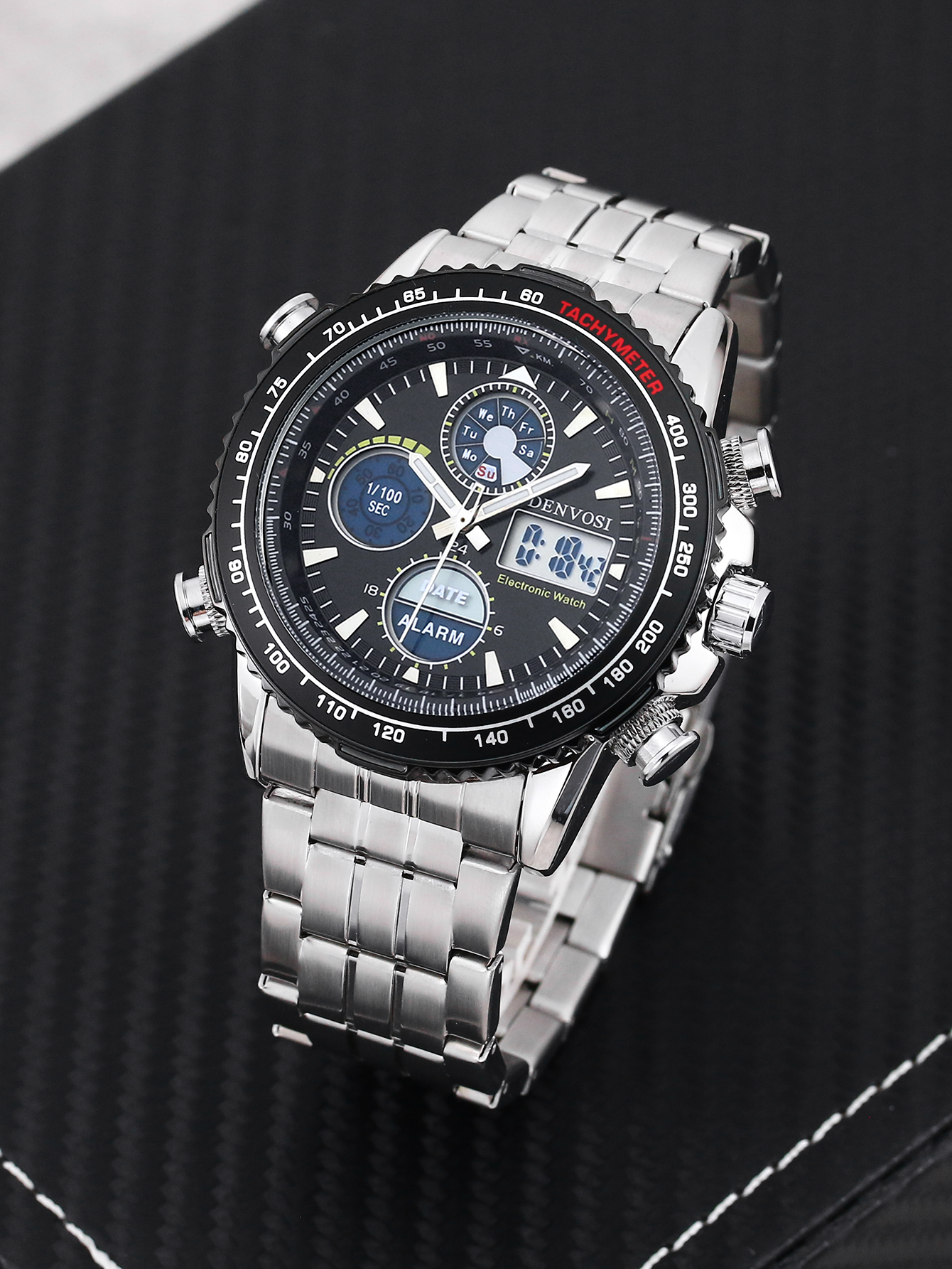 Reloj Athleisure para hombre, reloj electrónico de cuarzo luminoso resistente al agua, cronómetro con pantalla dual: Negro