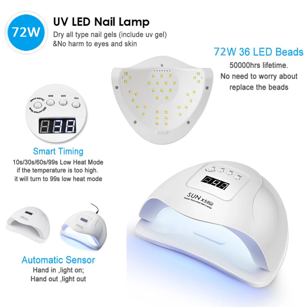 SUN X Plus-lámpara UV LED de 72W para manicura, secador de uñas de Gel, esmalte de uñas, herramientas de manicura con Sensor automático, 36 piezas LED