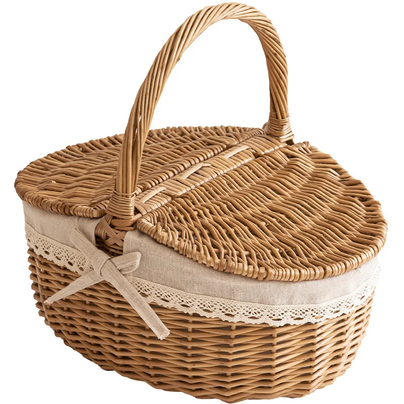 Cesta de Picnic de gran capacidad con tapa, cesta tejida de mimbre y bambú, contenedor de aperitivos para almacenamiento de frutas para el hogar, cesta de mimbre para exteriores: XXL