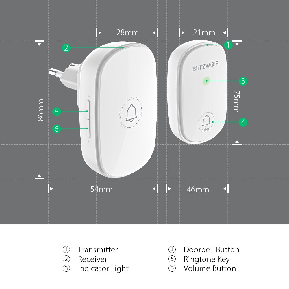 Blitzwolf BW-DB1 RF433Mhz Self-Power Draadloze Deurbel Eu Plug 38 Ringtones 4 Volume Niveaus Verstelbare Bell Deurbel Ontvanger