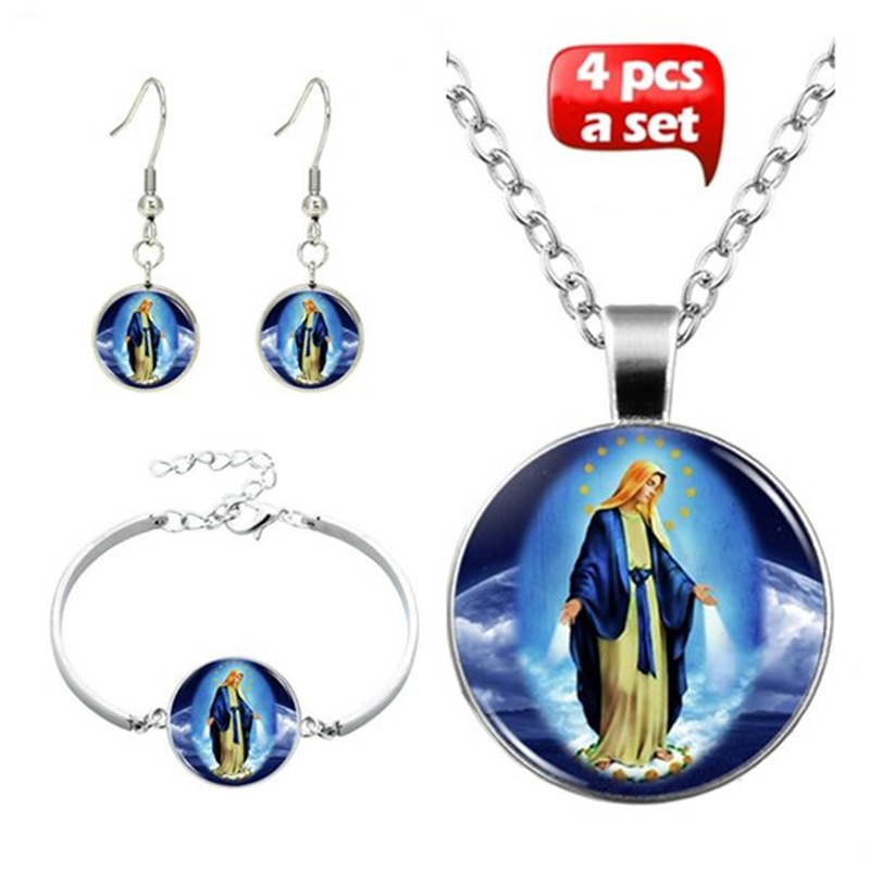 Jomfru mary glass cabochon anheng halskjede øredobber armbånd armbånd sett totalt 4 stk smykkesett til kvinner og #39 ;s