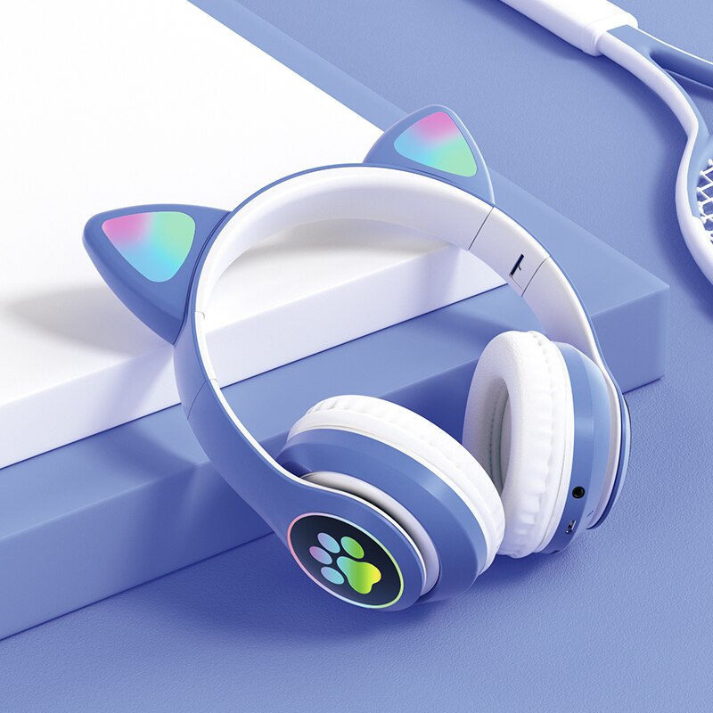 Wireless Headphones for Kids & Adults - RGB Cat Ear Bluetooth 5.0 with Mic, Noise Cancelling, TF Card Support: Blue