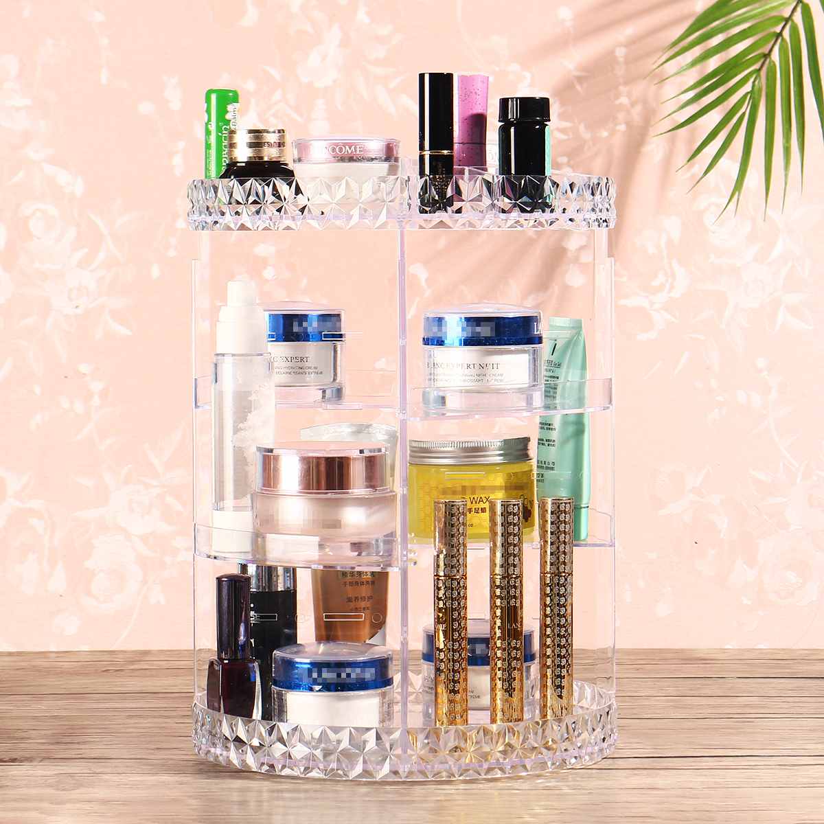 Rotat Cosmetic Storage Box Makeup Organizer Transparent Acrylic Lipstick Display Stand Diamond Pattern Plastic Box Large