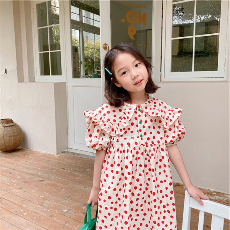 Girls Summer Dress Red Color Dot Kids Baby Girl Casual Dress Beach Dress Daughter Party Dress Children Clothes: 5-6T