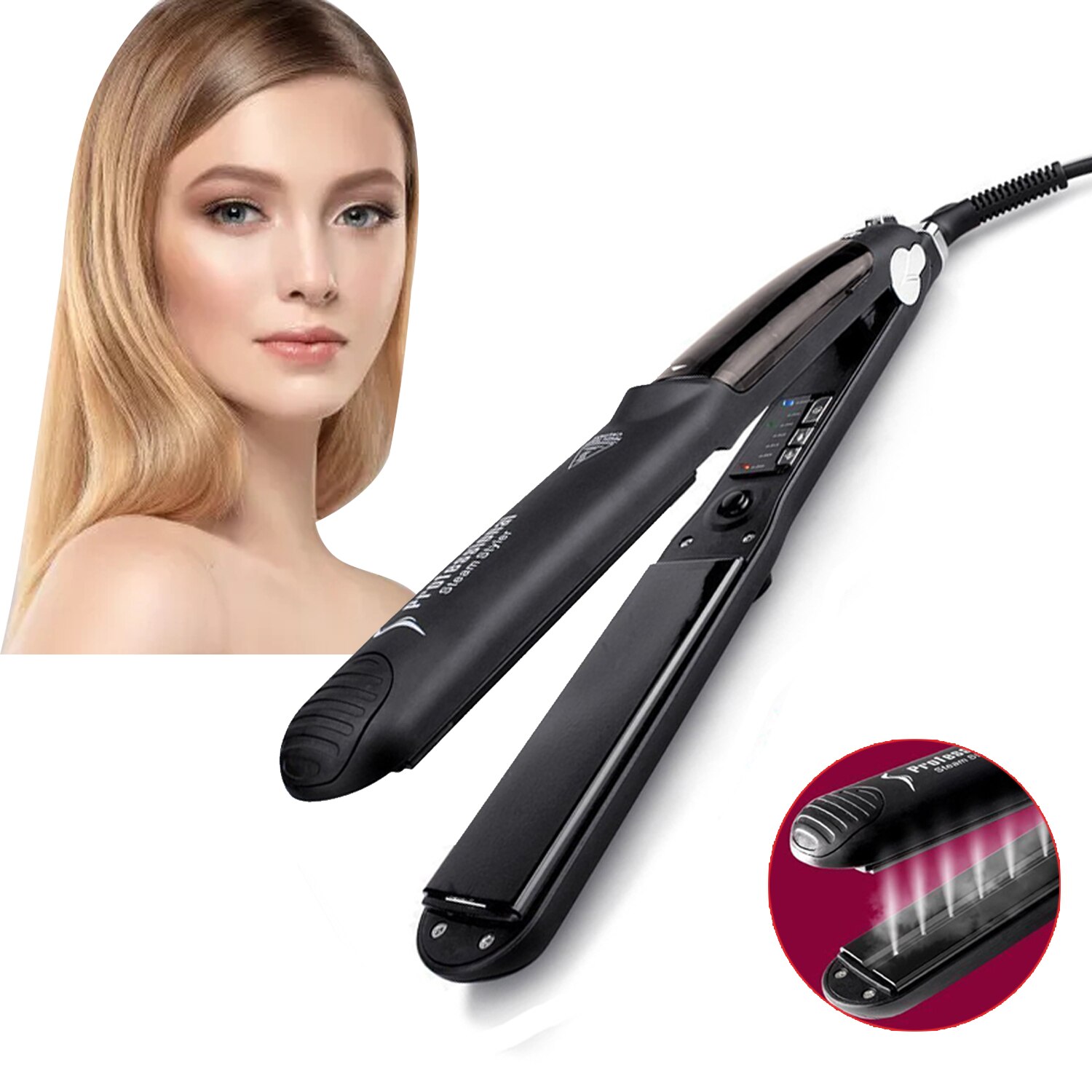 2 In 1 Plate Ceramic Flat Iron Steam Hair Straightener Curling Iron Negative Lonic Care Hair Styling Tools