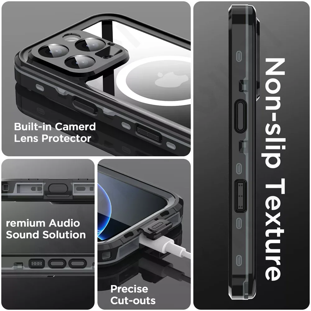 Funda de teléfono magnética a prueba de agua IP68, adecuada para IPhone 16, 15, 14 Pro Max, Pro, 13Pro Max, protección de cuerpo completo, funda de teléfono a prueba de polvo