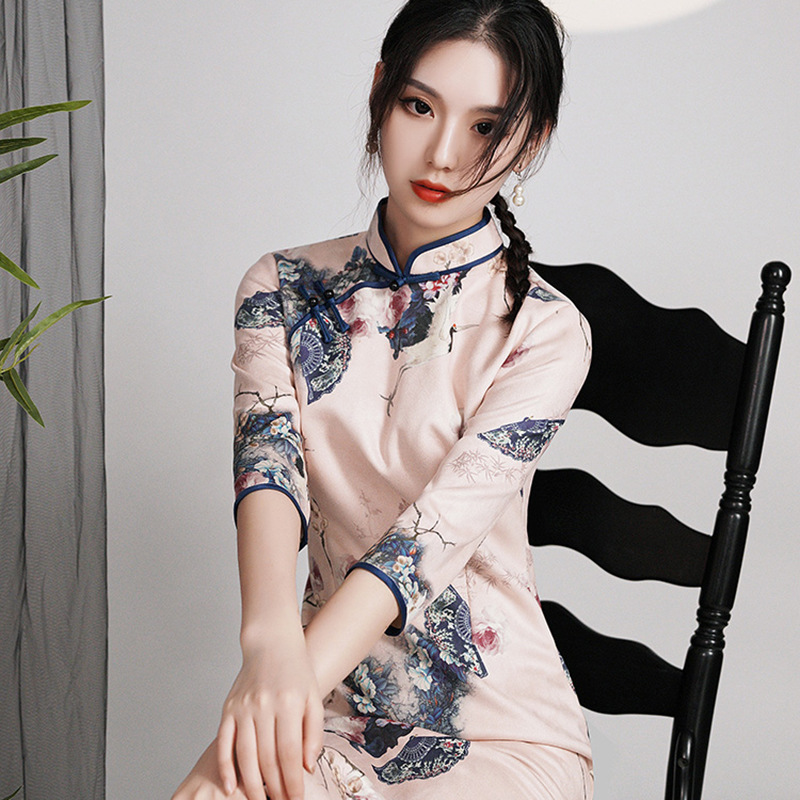 Pink Cheongsam Vintage Chinese Style Dress Women Clothing Long Dress Floral Qipao S to XXL