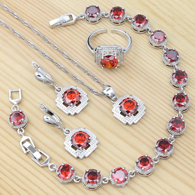 Conjunto de joyería de plata 925 para mujer, anillo redondo rojo granate, pendientes, pulsera, colgante, cadena, joyería cuadrada