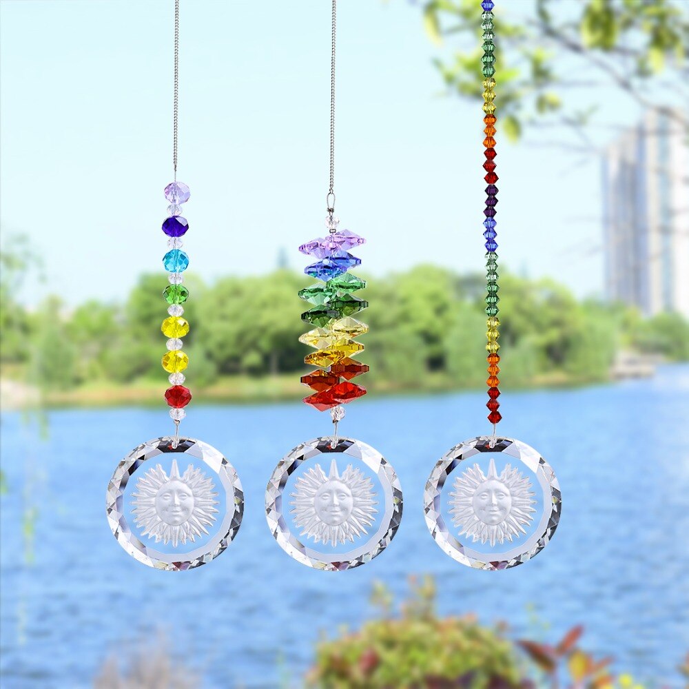 3 Stks/set Chakra Suncatcher Met Zonnebloem Hanger Regenboog Opknoping Crystal Zon Catcher Voor Raam Home Tuin Decoratie