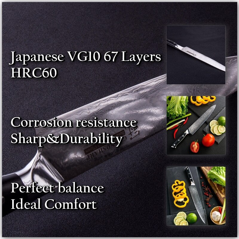Grandsharp 9.5 Inch Damascus Chef Knife 67 Layers VG10 Steel Japanese Damascus Kitchen Knife Japanese Vegetables Slicing Tools