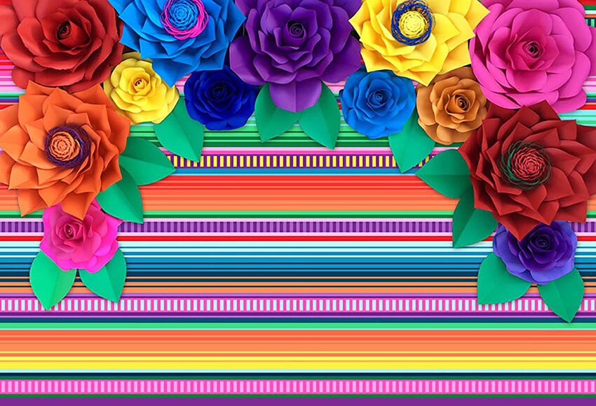 Vinyl 7x5ft Mexican Fiesta Birthday Party Colorful Stripes Cinco De Mayo Festival Photography Backdrop Paper Flower Background