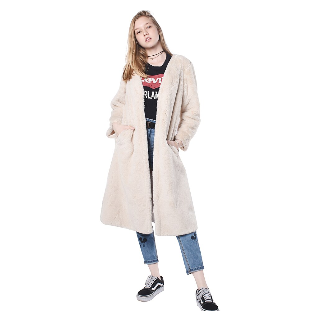 Women Faux Fur Coat With Long Sleeves And Pockets Artificial Ecru White Winter Coat