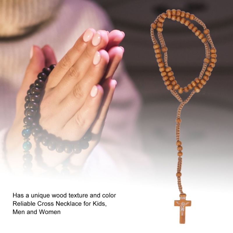 F2 5pcs Wooden Rosary Jesus Imprint Catholic Unisex Style Natural Wooden Bead Cross Rosary Necklace Jewelry For Men Women Light