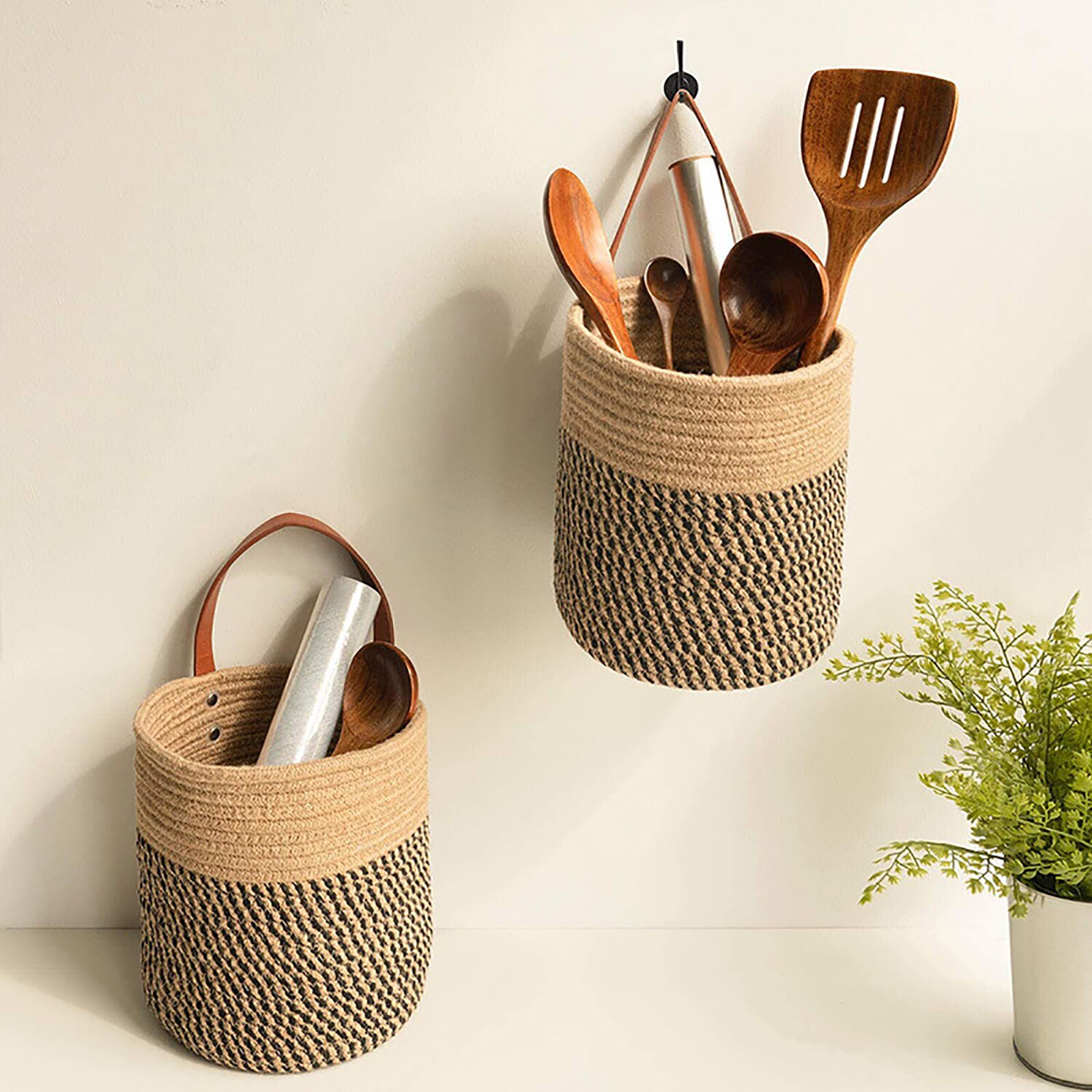 Cesta colgante de pared de mimbre de imitación de plantas, cinturón tejido hecho a mano, cestas de plantador