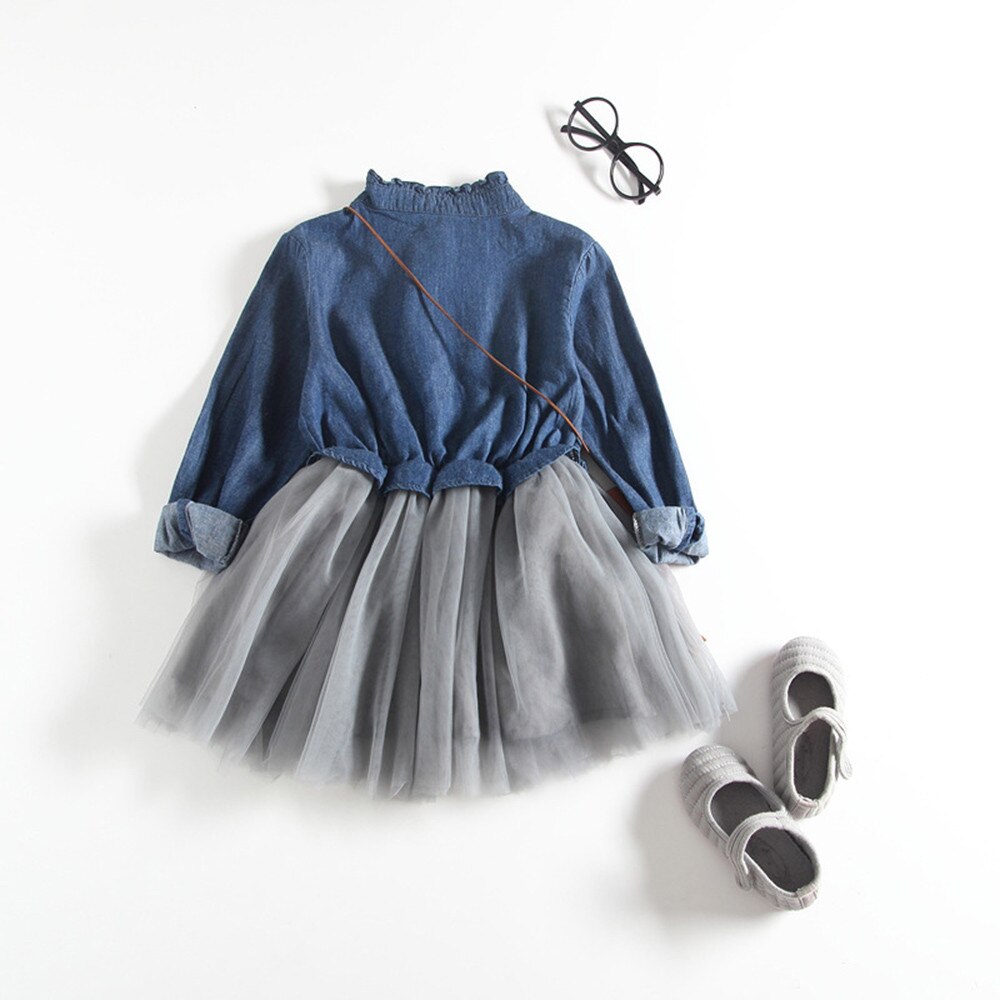 2019 Bambini vestiti per le ragazze Del Bambino Del Bambino Del Denim Delle Ragazze Del Vestito Principessa A Maniche Lunghe Vestito Dal Tutu Abiti Da Cowboy vestido infantil: 100 Dark Blue 