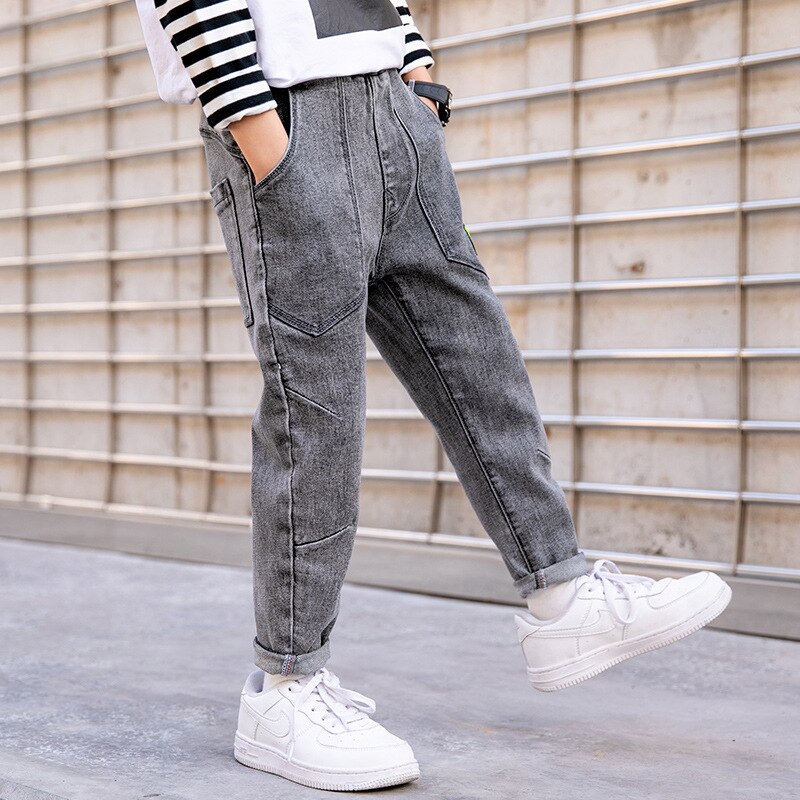 Primavera nueva gris-negro 4-16 años adolescentes Jeans Slim Big Pocket Pants niños Jeans Casual pantalones ropa