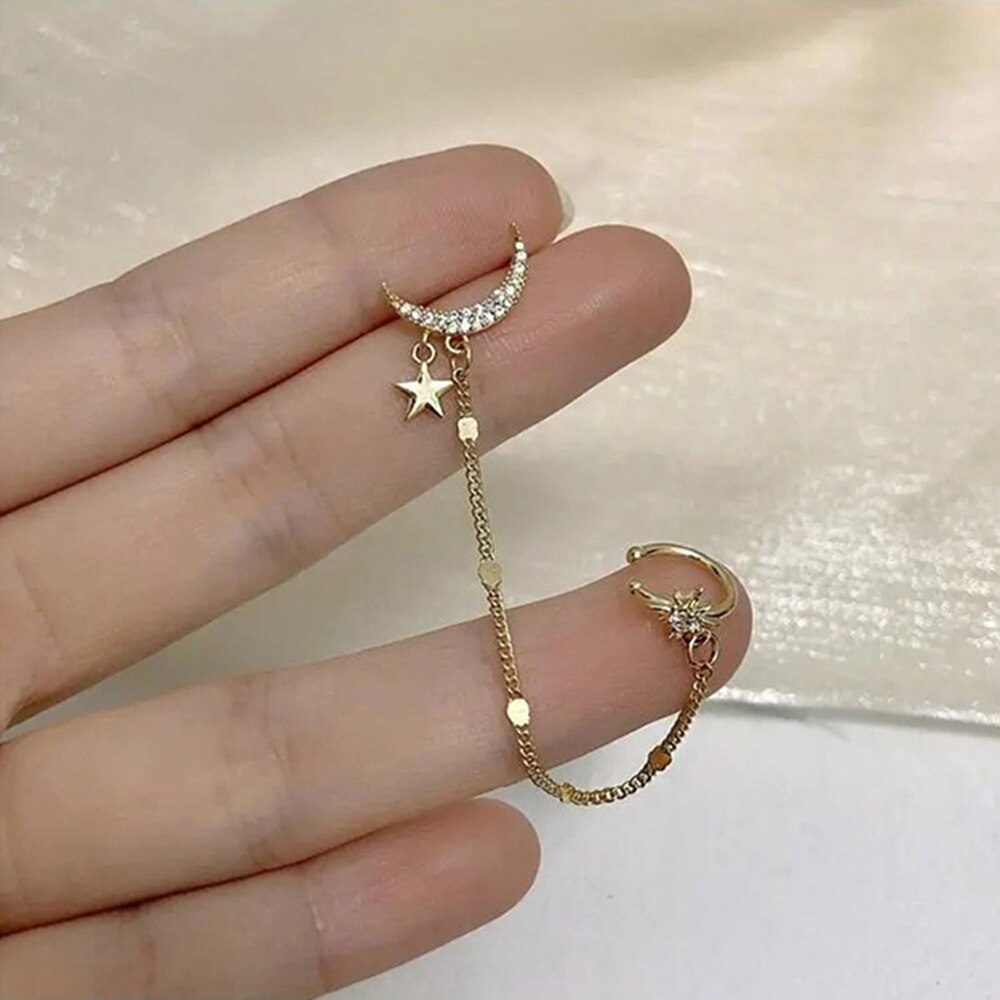 1 Uds Luna Simple borla de estrellas de la cadena pendiente oro Dangler para mujeres de Clip de oreja joyería