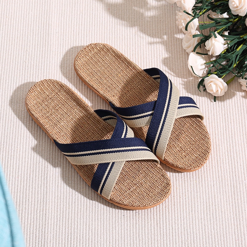 Men Slippers Sandals Flip Flops Summer Breathable Hemp Non-slip Shoes Man Home Slides Striped Casual Female