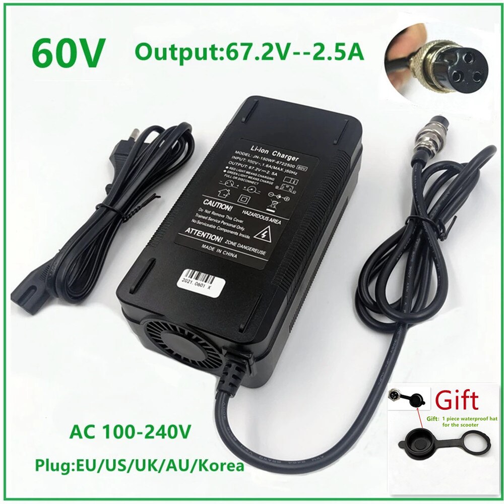 60v litium li-ion lader 67.2v 2.5a lader  gx16 3 pinner hun xlr kontakt til 16s 60v e sykkel sykkel scooter batteripakke